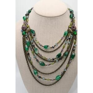 Vintage Style Green Multi Strand Necklace w Rhinestone Accents Layered Look